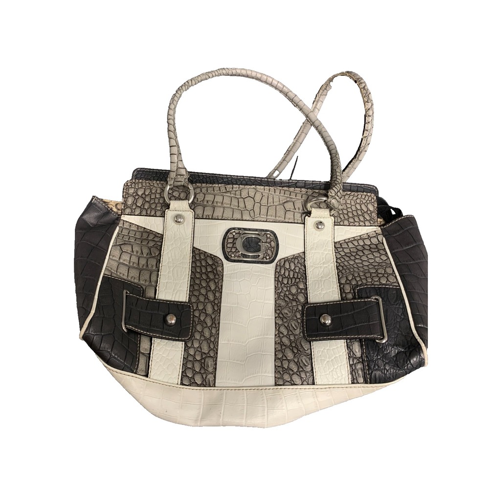 Guess Jacey Handbag Women Black‎ Cream Gray Crocodile Print Zipper Closure Purse